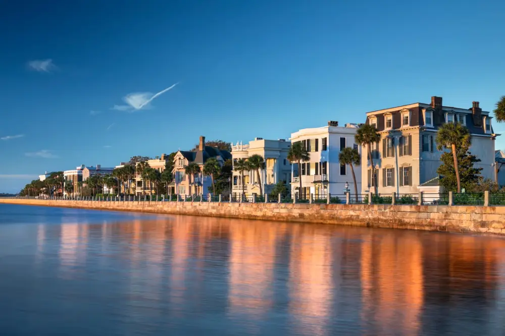 Historic homes along the Charleston Battery at sunset